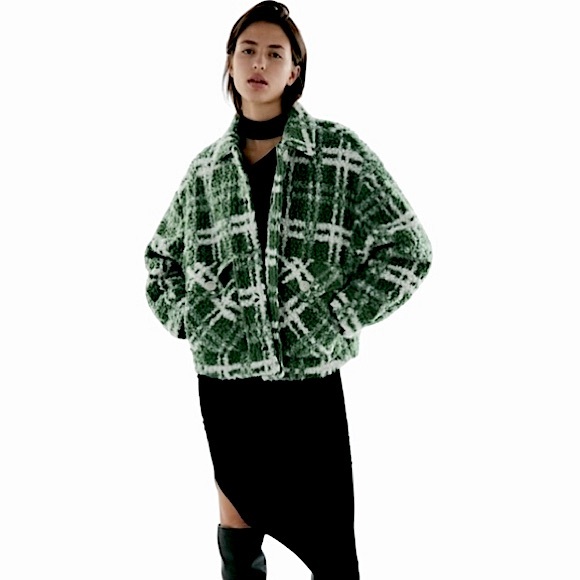 Zara “Bloggers Fave” Green Combination Plaid Shearling Fleece Jacket XS - Picture 1 of 14